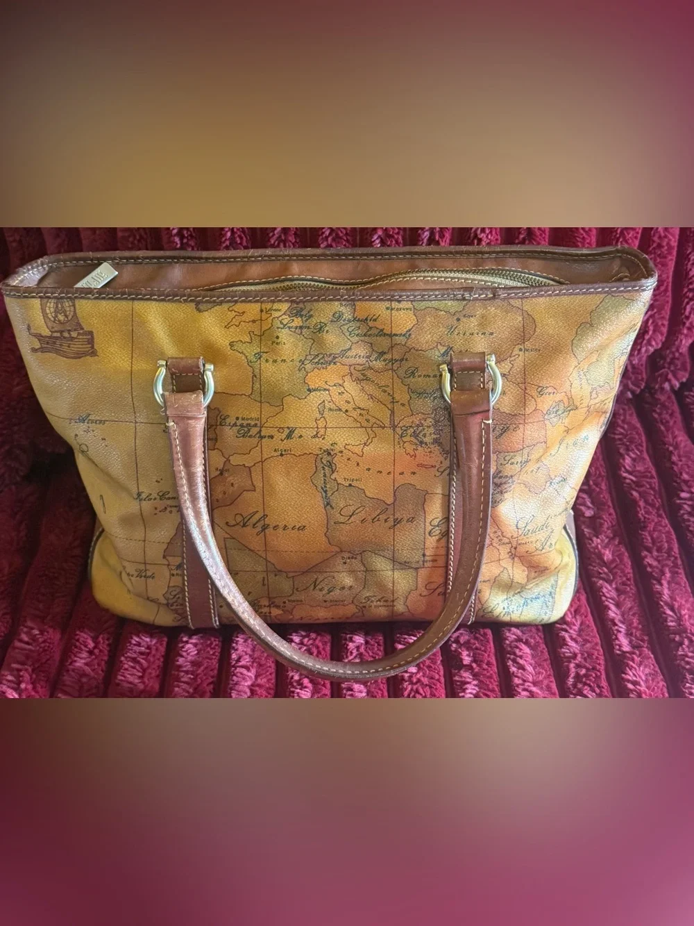 Vintage Alviero Martini Map-Print Tote in Tan and Brown